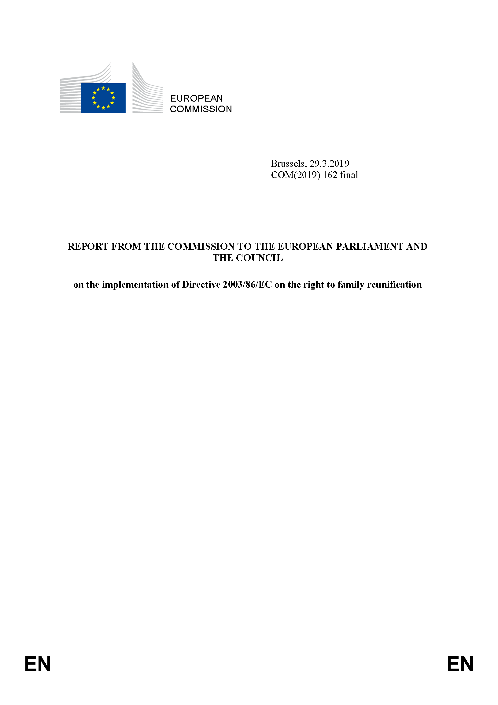 Cover of the EU Commission Report on the implementation of Directive 2003/86/EC on the right to family reunification