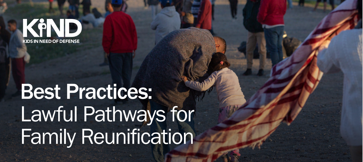 Cover photo of a best practice brief depicting a child and a man in a displacement setting