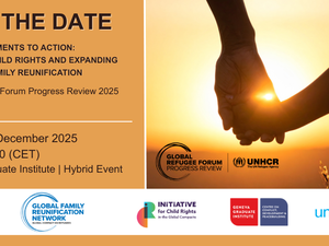 Save the date graphic for a hybrid event on child rights and family reunification, 15 Dec 2025, Geneva.