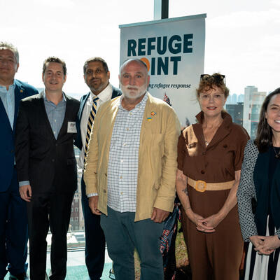 Snapshot from RefugePoint's event. From left to right: Noubar Afeyan, Moderna Co-founder and Chairman; Sasha Chanoff, Founder and CEO of RefugePoint; Vilas Dhar (event sponsor), President and Trustee of the Patrick J. McGovern Foundation; Chef José Andrés, Founder of World Central Kitchen; Susan Sarandon, Academy Award-winning actor; and Julia Dhar (event sponsor), Managing Director &amp; Partner at Boston Consulting Group.