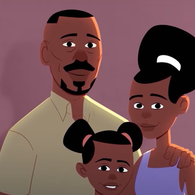 Fictional refugee character Selam with his family