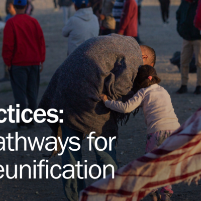 Cover photo of a best practice brief depicting a child and a man in a displacement setting