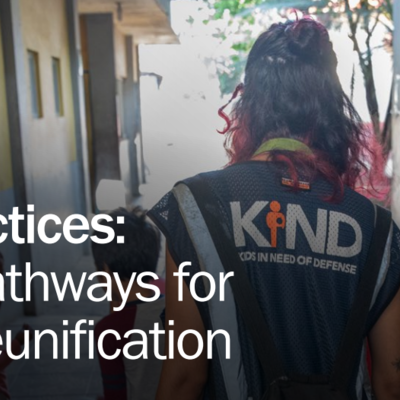 Cover of a best practice brief depicting KIND employees with children