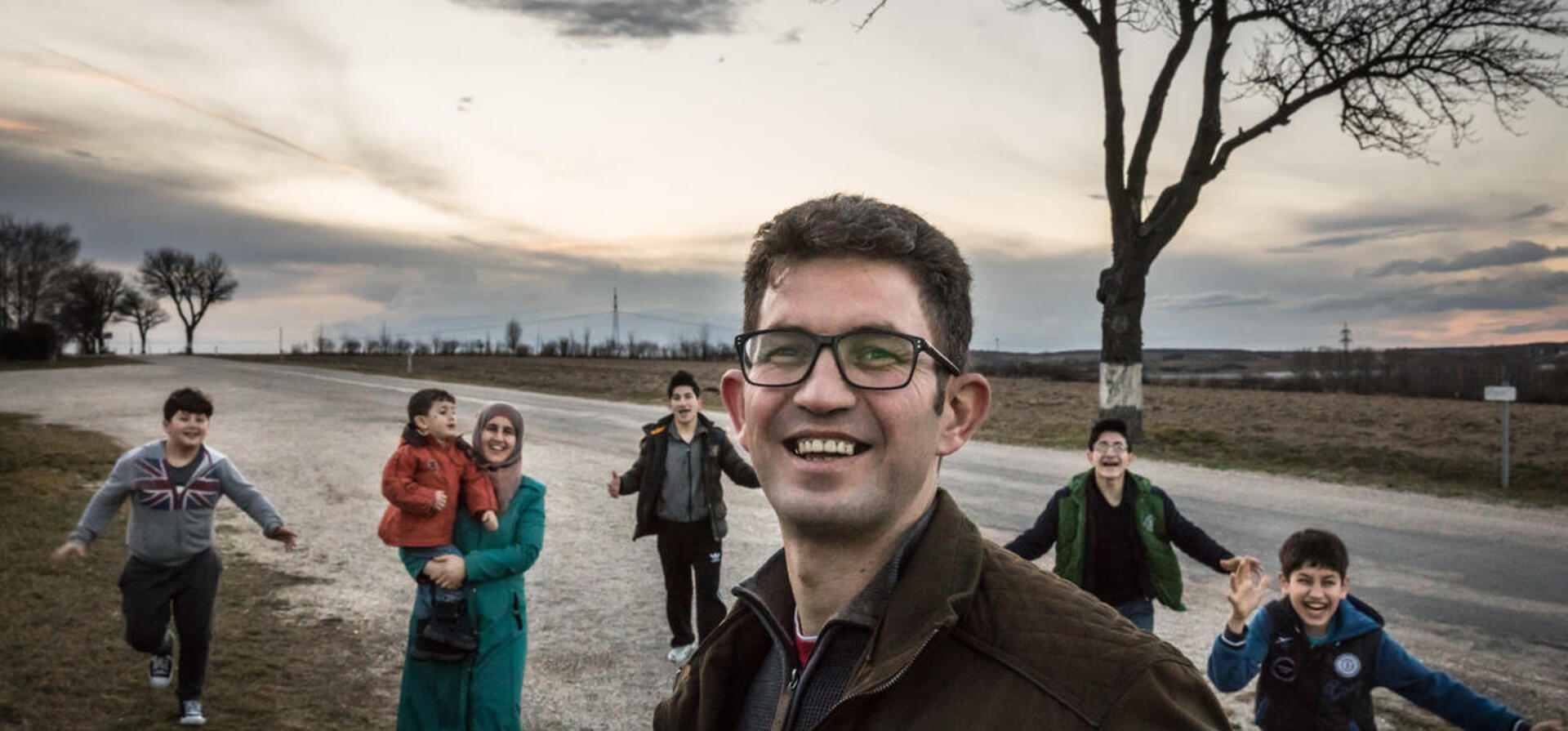 Syrian family posing together in an Austrian village