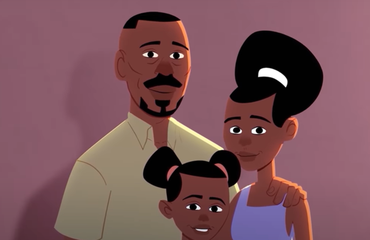 Fictional refugee character Selam with his family