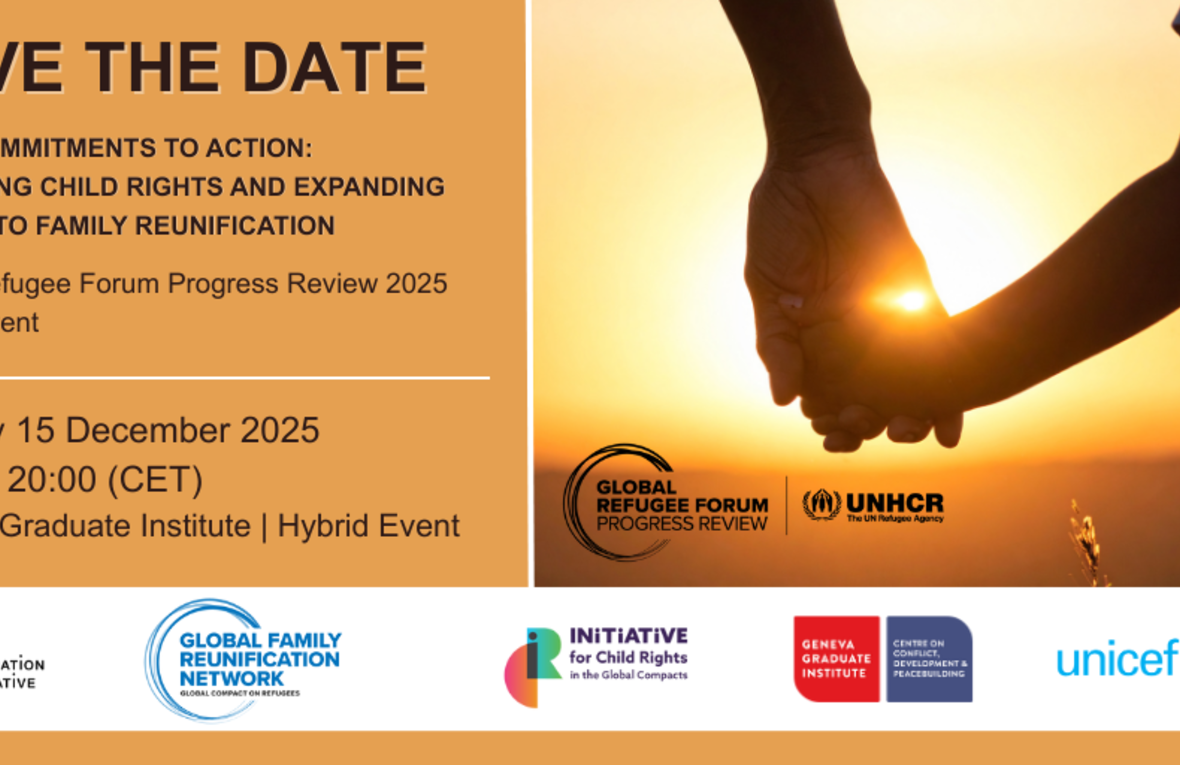 Save the date graphic for a hybrid event on child rights and family reunification, 15 Dec 2025, Geneva.