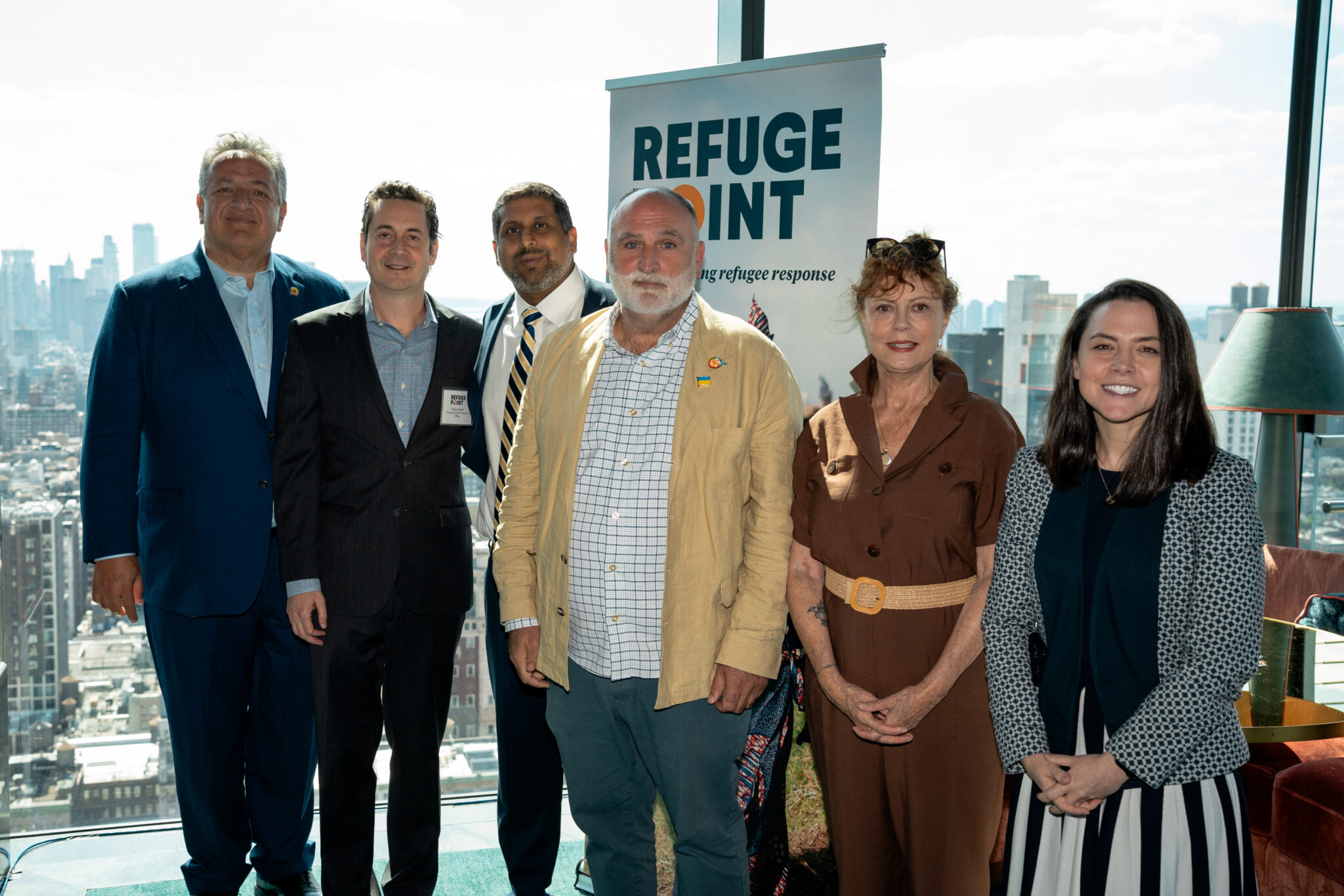 Snapshot from RefugePoint's event. From left to right: Noubar Afeyan, Moderna Co-founder and Chairman; Sasha Chanoff, Founder and CEO of RefugePoint; Vilas Dhar (event sponsor), President and Trustee of the Patrick J. McGovern Foundation; Chef José Andrés, Founder of World Central Kitchen; Susan Sarandon, Academy Award-winning actor; and Julia Dhar (event sponsor), Managing Director & Partner at Boston Consulting Group.